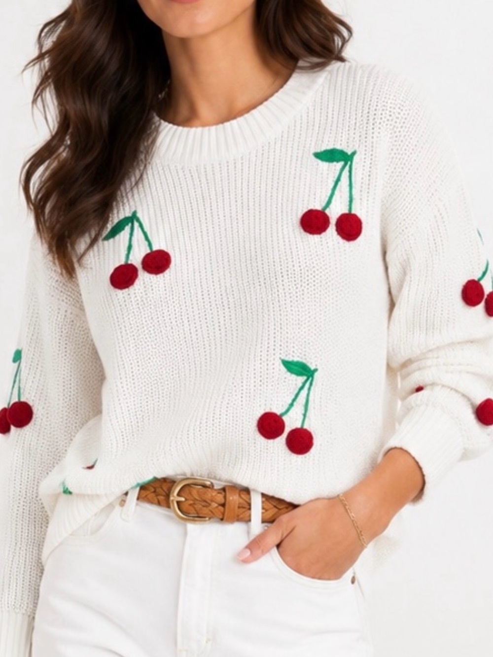 Cynthia Rowley White Cherry Print Crewneck Pullover Sweater cotton blend M